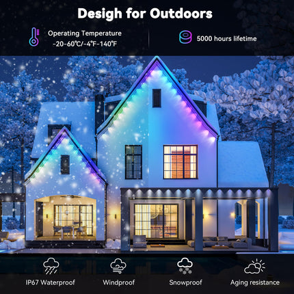 100FT Permanent RGB Outdoor Lights, 72 LED Outdoor String Lights, IP67 Waterproof LED Eaves Lights with Smart Control, for Christmas and All Holidays