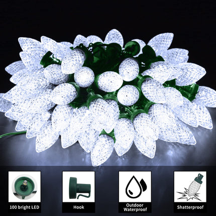 ZAIYW C9 Christmas String Lights 66ft 100 LED Strawberry String Lights UL Plug C9 String Lights Green Wire Waterproof for Outdoor Roof Eaves Garden Yard Xmas Decor (Cool White)