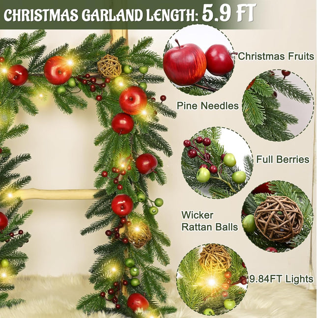 Christmas Garland Decorations, 5.9 FT Norfolk Pine Garland with Faux Fruits Berries, Cedar Garland Pine Garland Christmas Garland for Mantle Indoor Outdoor Table Door Christmas Decor
