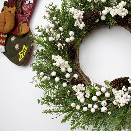 Outdoor Christmas Wreath 22 Inch Winter Wreaths for Front Door Artificial Norfolk Pine Wreath with White Berries and Pine Cones for Xmas Holiday Decoration