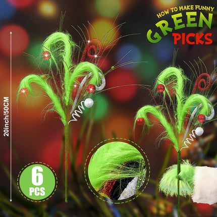 6 Pcs Whimsical Green Furry Christmas Tree Picks Decorations Christmas Woolen Curly Pick 20” Furry Spiral Curly Sprays Artificial Glitter Berry Stems for Xmas Tree Topper Wreath Crafts