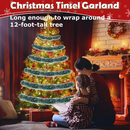 50FT Green Christmas Tinsel Garland Xmas Tree Garland Decorations Metallic Tinsel Glitter Twist Garland Hanging Streamers for Indoor Outdoor Decor Holiday Party Supplies(Green&White)