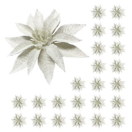 BANBERRY DESIGNS White Poinsettia Flower Christmas Ornaments Set of 24 Glittered Clip-On Accessories Floral Accessories Xmas Decorations Each Measures 4" D