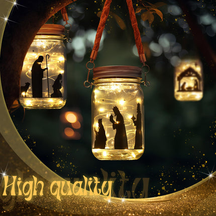 3 Pcs Christmas Nativity Scene Lantern Decorative Nativity Solar Lantern Fairy Hanging Jar Lights Solar for Indoor Outdoor Decorations Holiday Xmas Home Decor