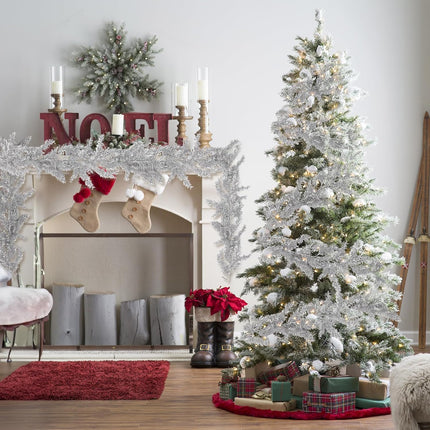 2Pcs Christmas Glitter Pine Garlands 5.9FT Artificial Hanging Silver Pine Needles Vines Fake Cedar Cypress Garland for Christmas Year Holiday Wedding Winter Home Wall Indoor Outdoor Decor(Silver)