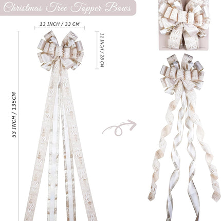 Ivory and Champagne Gold Christmas Tree Topper Bows 13 x 53 Inch Large Christmas Bows with Streamer and Bauble Patterns Decorative Bows for Xmas Tree Wreaths Door Staircase Home Decor