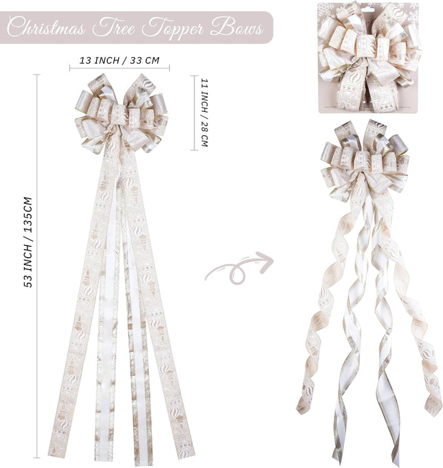 Ivory and Champagne Gold Christmas Tree Topper Bows 13 x 53 Inch Large Christmas Bows with Streamer and Bauble Patterns Decorative Bows for Xmas Tree Wreaths Door Staircase Home Decor