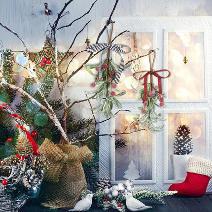 2 Pcs Christmas Mistletoe Decor, Xmas Mistletoe Hanging Ornament with Plaid Bow, Artificial Red Berry Mistletoe Decorations Glitter Christmas Tree Accessories Mistletoe Kissing Ball(Red+White)