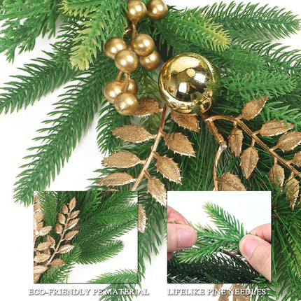 Norfolk Pine Garlands with Gold Flowers, 6Ft Artificial Christmas Pine Garland, Real Touch Greenery Garland for Table, Mantle, Staires, Premium Indoor/Outdoor Christmas Decorations.
