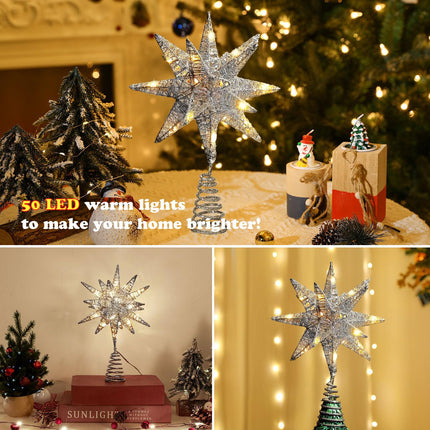 Christmas Tree Topper Star with Warm White 50 LED Lights, Star Tree Topper for Christmas Tree Tradition Moravian Decor, 11X 7.87 Inch with 5m Long Line, Estrella para Arbol De Navidad, Silver