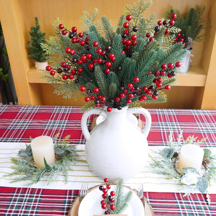 Winlyn 60 Pcs Christmas Artificial Pine Branches Red Berry Picks Fake Greenery Plants Pine Sprigs Christmas Tree Stems 8.1"-12" for Holiday Christmas Tree DIY Garland Centerpiece Floral Arrangement
