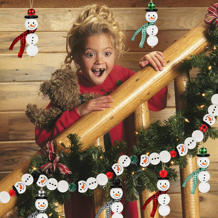 TREWAVE 205 Pieces Christmas Snowman Wooden Beads Craft Project Natural Polished Wood Bead with Twine, Winter Christmas Tree Hanging Ornaments, Rustic DIY Garland Decoration for Home (Snowman)