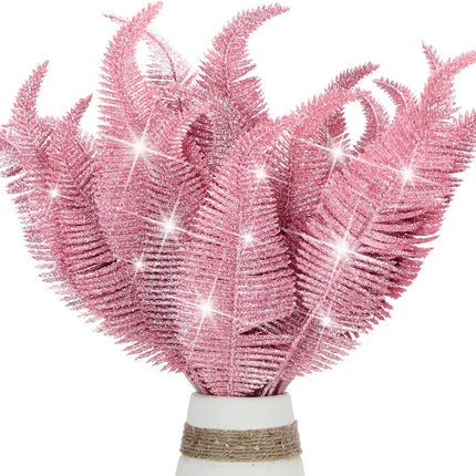20 Pieces Artificial Christmas Glitter Leaves Branches Sparkly Fake Leaf Sprays for Christmas Tree Picks 10" Ornament Flower Arrangements DIY Crafts Wreaths Holiday Decoration Tree Fillers (Pink)