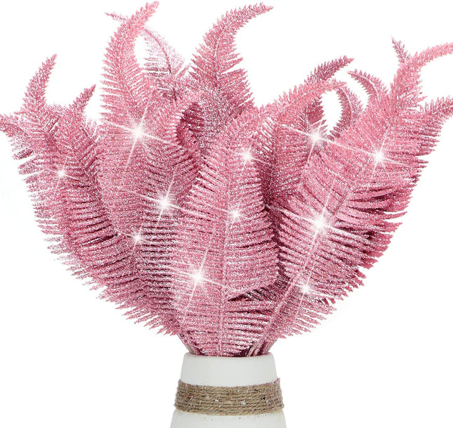 20 Pieces Artificial Christmas Glitter Leaves Branches Sparkly Fake Leaf Sprays for Christmas Tree Picks 10" Ornament Flower Arrangements DIY Crafts Wreaths Holiday Decoration Tree Fillers (Pink)