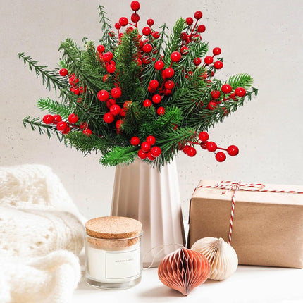 60 Pcs Christmas Artificial Pine Branches with Red Berry Stems Fake Greenery Pine Picks Artificial Red Berry Stems Artificial Pine Needles Branches for DIY Christmas Garland Wreath Xmas Decoration
