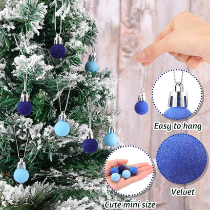 120 Pcs Mini Christmas Velvet Balls Ornaments Bulk 0.79"/20 mm Miniature Flocked Velvet Christmas Ornament Mini Christmas Tree Ball Small Bulbs for Holiday Hanging Decor(Blue)
