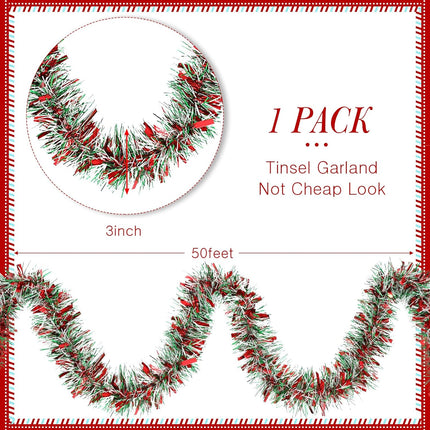 50 Feet Christmas Tinsel Garland Metallic Twist Garland Xmas Tree Decorations Wedding Birthday Year Hanging Ornaments Party Supplies 3 Inch(Red, Green, White)