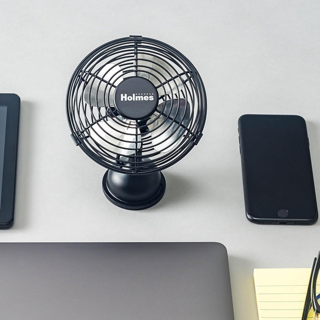 Holmes 4 Mini Heritage Desk Fan, UsbPowered, Single Speed, 4 Blades, Adjustable 100° Head Tilt, Metal Construction, Ideal