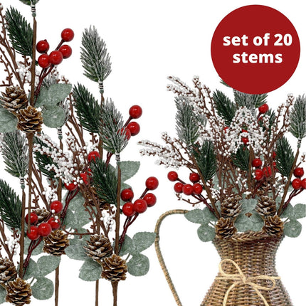 BANBERRY DESIGNS Pine Berry Christmas Picks with White Pip and Red Holly Berries - Set of 10 - Pinecone Floral Sprays with Bendable Stems - 11" H