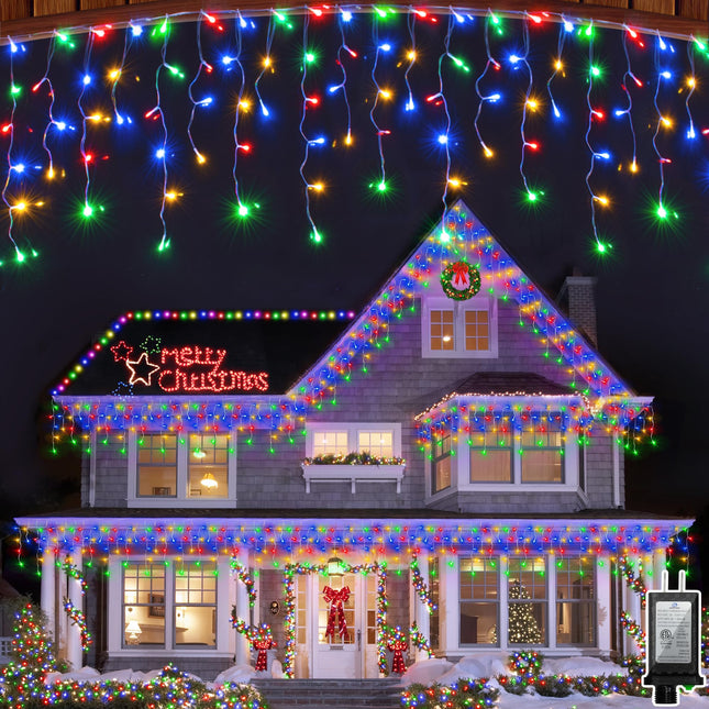 792 LED Christma Lights with 176 Drops, 82ft Outdoor Hanging lights with 8 Modes & Timer Memory, Outsite Waterproof Curtain String Lights for Front House Fence Tree Holiday Decorations Multicolor
