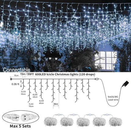 600LED Christmas Icicle Lights for Outside, 75Ft Plug-in Hang Icicle String Lights with Remote, 8 Modes Cool White Twinkle Curtain Icicle Lights Waterproof for Outdoor Eave Fence Indoor Bedroom Decor