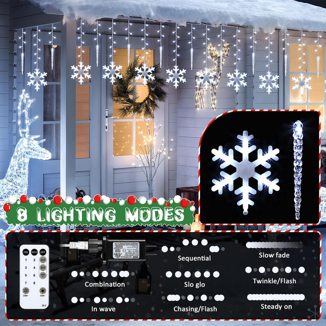 Enhon 14 Drops Christmas Snowflake Icicle String Light Outdoor, 11.5FT 175 LED Large Hanging Snowflake Icicle Window Curtain Fairy Outdoor Light with 8 Light Modes for Christmas(Cool White)