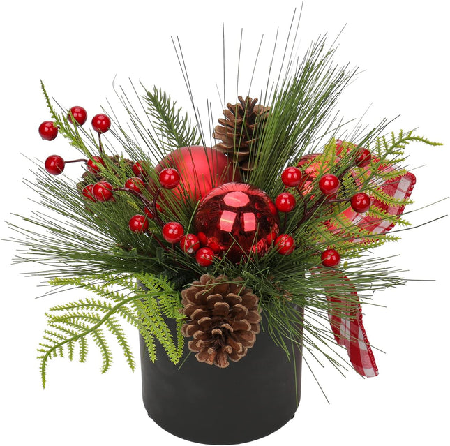 Briful 10 Inch Mini Christmas Tree Artificial Potted with Pinecones Berries and Red Xmas Ball Ribbon Christmas Arrangements Centerpieces Ornaments in 4.7'' Black Ceramic Pot for Home Indoor Table