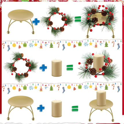 10 Set Christmas Candle Rings Wreaths Christmas Red Berries Candle Rings for Pillars with 10 Metal Candle Holders Small Christmas Wreath Decorations for Xmas Party Favors Wedding