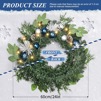 Christmas Wreath with Lights,24 Inch Christmas Wreath for Front Door with Christmas Blue Balls,Pine Cones and Pine Needles Xmas Wreath for Fireplace Window Front Door Wall Decor