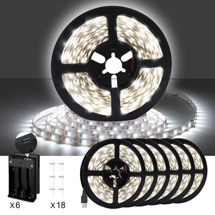 49.2ft USB LED Light Strip White with Battery Box (Batteries Not Included), Daylight LED White Strip Lights Cuttable LEDs for Bedroom, Mirror, Party, Camping, Birthday, Christmas, 8.2ft x 6