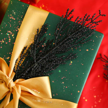 Felice Arts 6 Pack Artificial Flat Black Glitter Pine Needles 13" Fake Decorative Glitter Sticks for Halloween Vase Christmas Tree DIY Wreath Crafts Fireplace Decor