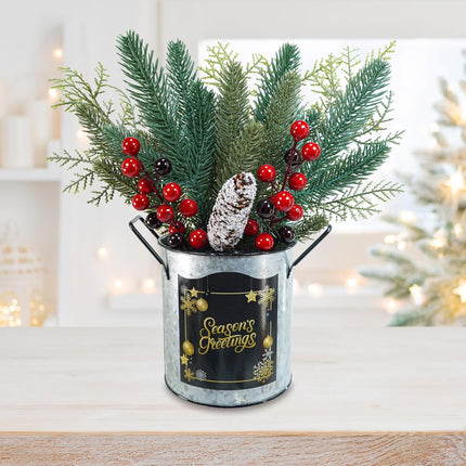 Winlyn 1 Pack Christmas Floral Arrangement Centerpieces Artificial Pine Needle Cedar Red Berry Pinecone in Galvanized Pots Small Potted Christmas Tree 12.4" Tall for Holiday Home Mantel Tabletop Décor