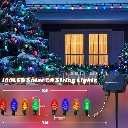 iBaycon Solar C9 Christmas Lights Outdoor, 65Ft 100LED C9 Christmas Lights Strawberry String Lights, 8 Modes Solar Powered Lights String for Xmas Tree House Eaves Roof Christmas Holiday Decor