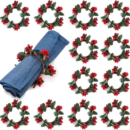 Noverlife 12 Set Christmas Napkin Rings, Artificial Foliage Berry Holiday Napkin Holders, Small Xmas Wreath Napkin Buckle Candle Rings Serviette Holders Banquet Table Decor for Christmas Dinner Party
