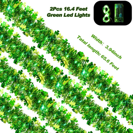 Kajaia 65.6 Feet Valentine's Day St. Patrick's Day Tinsel Garland with Lights Valentine Love Tinsel Garland Green and Gold Shamrock Garland for Party Home Indoor Outdoor(Green)