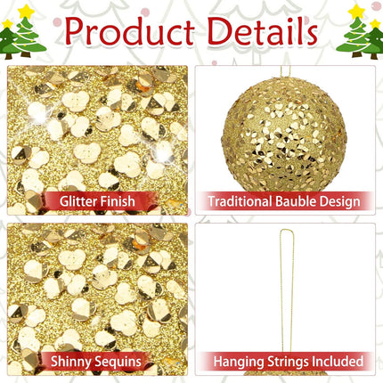4" 6 Pcs Christmas Balls Ornaments Set Hanging Decorations, Large Xmas Tree Ornaments Balls, Shatterproof Glitter Indoor Christmas Decoration for Tree Holiday Garland Party Bowl Filler, Gold