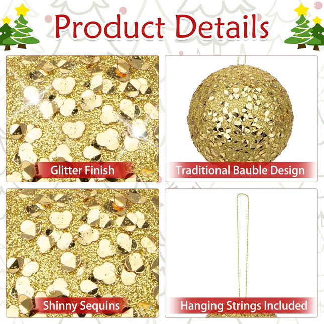 4" 6 Pcs Christmas Balls Ornaments Set Hanging Decorations, Large Xmas Tree Ornaments Balls, Shatterproof Glitter Indoor Christmas Decoration for Tree Holiday Garland Party Bowl Filler, Gold