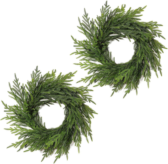 WBHome 22" Norfolk Pine Wreath for Front Door, Real Touch Norfolk Pine Wreath Artificial Green Wreath Greenery Realistic Wreath Holiday Decoration for Indoor Outdoor, 2 PCS