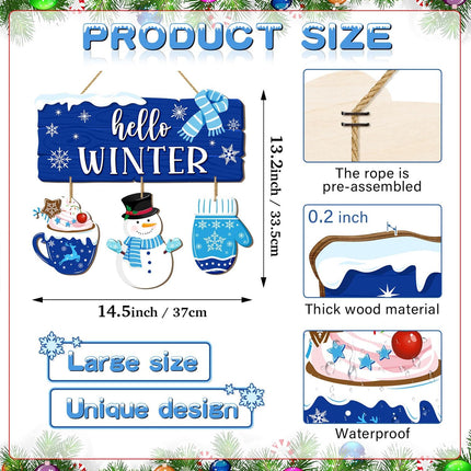 Christmas Hello Winter Door Sign, Winter Snowman Wooden Hanging Sign, Welcome Xmas Wall Decor Blue Gloves Scarf Snowflakes Rustic Winter Wreath for Holiday Indoor Outdoor Home Decor