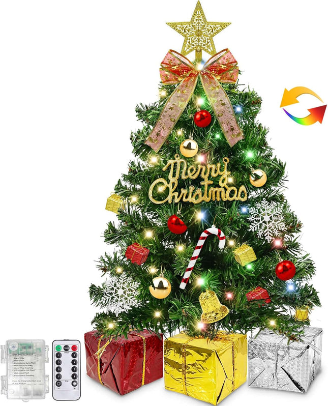 Dual Color Change&Remote Control 24 Inch Tabletop Christmas Tree, 20 LED Warm White&Colored Lights Timer 8 Modes 27 Orantments Star Boxs Mini Small Christmas Tree Xmas Decor Home Holiday Party(Green)