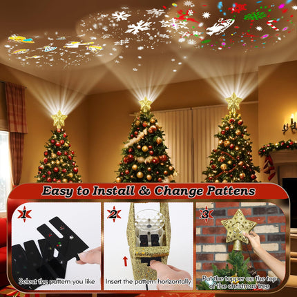 Christmas Star Tree Topper Lighted with 6 Projection Modes, Gold Christmas Tree Topper with Built in LED Rotating Lights, 3D Dynamic Glitter Projector for Xmas Year Tree Decoration