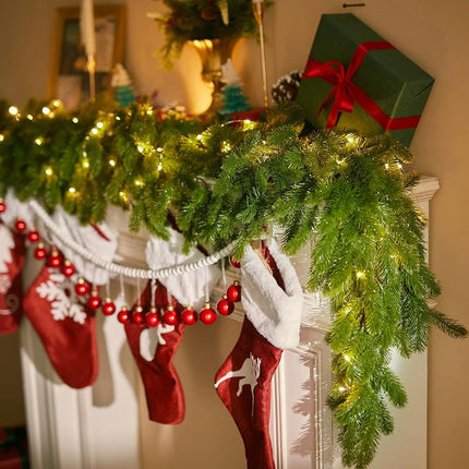 6FT Christmas Garland PARTY JOY Pine Garland with 9.8FT LED Lights String, Greenery Plant for Christmas Decorations Table Mantle Background Wall Room Outdoor Indoor Winter Decoration