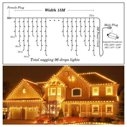 Christmas Icicle Lights Outdoor，600LED 49ft 8 Modes Timer IP44 Waterproof Fairy String Light with 96 Drops, Christmas Lights for Christmas Decorations,Holiday, Party, Wedding, Eaves