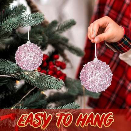 Liliful 12 Pcs Christmas Ball Ornaments Christmas Tree Decorations Foam Glitter Balls Hanging Xmas Tree Balls for Home Year Holiday Indoor Outdoor Party Decor (Pink,3.54 Inch)