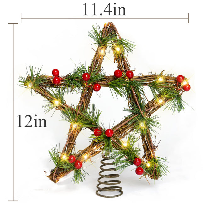 Christmas Tree Topper Lighted, 12" Star Tree Topper with Red Berry and Pine Needle, Battery Operated Christmas Tree Star Topper, Christmas Star Tree Topper with Timing Battery Case