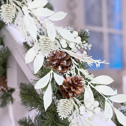 Winlyn 24 Pcs Christmas Artificial Leaf Sprays Pine Needles Pinecone Berries Stems White Glittered Christmas Decoration Picks 12.2"- 14.2" Tall White Christmas Tree Wreaths Wedding Holiday Centerpiece