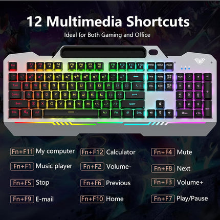 AULA Gaming Keyboard, 104 Keys Gaming Keyboard and Mouse Combo with Rainbow Backlit Quiet Computer Keyboard, All-Metal Panel, Waterproof Light Up PC Keyboard, USB Wired Keyboard for MAC Xbox PC Gamers