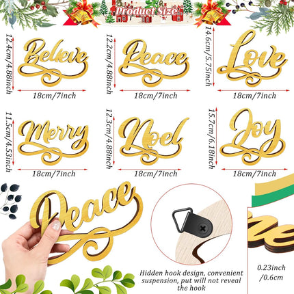 12 Pieces Christmas Wood Signs Christmas Joy Believe Peace Merry Love Noel Wood Cutout, Christmas Plate Ornament, Christmas Wreath Sign Garland Ornament, Christmas Tree Decor (Gold)