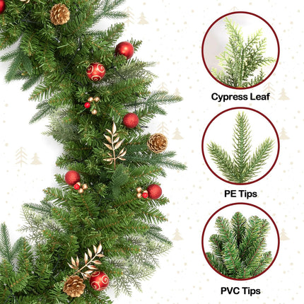 9FT Christmas Garland Prelit with Battery Operated 50 LED Lights, Artificial Xmas Greenery Garland Holiday Decoration Stairs Mantle Door Indoor Outdoor