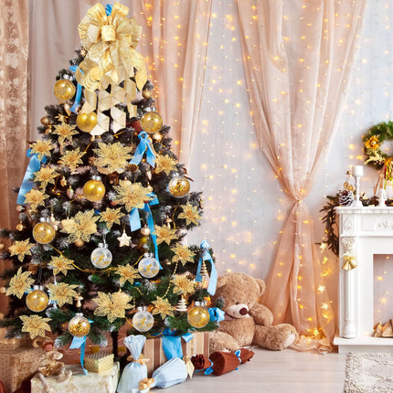 49 Pcs Christmas Tree Decoration Set, Christmas Tree Topper Bow 3 Size Christmas Glitter Poinsettia Faux Flowers and 2.36'' Christmas Ball Ornaments for Holiday Xmas Tree Decoration (Gold)